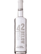 Eine auffällige Vodkaflasche mit dem Namen "42 Below Vodka" vor einem urbanen Hintergrund.