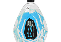 Eine ansprechende Vodkaflasche mit dem Namen "Blue 42 Vodka" vor einem neutralen Hintergrund.