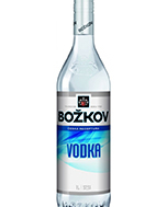 Eine auffällige Vodkaflasche mit dem Namen "Bozkov Vodka" vor einem neutralen Hintergrund.