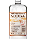 Eine auffällige Vodkaflasche mit dem Namen "Koskenkorva Vodka" vor einem neutralen Hintergrund.