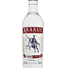 Krakus Vodka Eine charaktervolle Vodkaflasche mit dem Namen "Krakus Vodka" vor einem rustikalen Hintergrund.