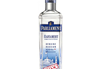 Eine elegante Vodkaflasche mit dem Namen "Parliament Vodka" vor einem stilvollen Hintergrund.