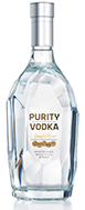 Eine stilvolle Vodkaflasche mit dem Namen "Purity Vodka" vor einem neutralen Hintergrund.