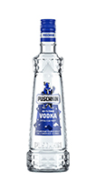 Eine ansprechende Vodkaflasche mit dem Namen "Puschkin Vodka" vor einem klassischen Hintergrund.