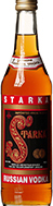 Eine stilvolle Vodkaflasche mit dem Namen "Starka Vodka" vor einem neutralen Hintergrund.