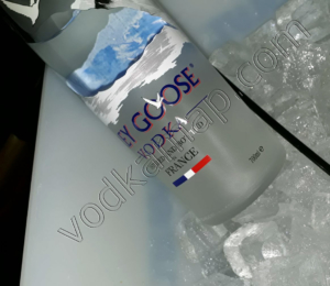 Eine Flasche Grey Goose Vodka ist in Eiswürfeln eingebettet und steht vor einem stilvollen Hintergrund.